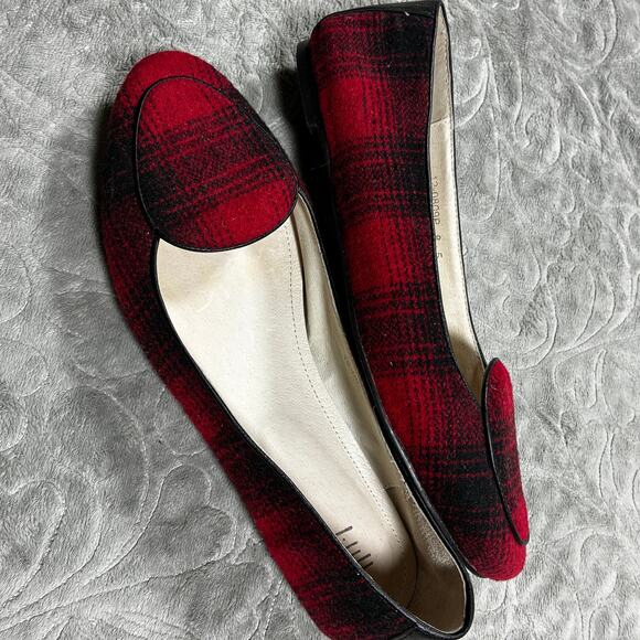J. Jill Ballet Flats 8.5 Buffalo Plaid Red Black Leather Loafers Office Holiday - Picture 3 of 8